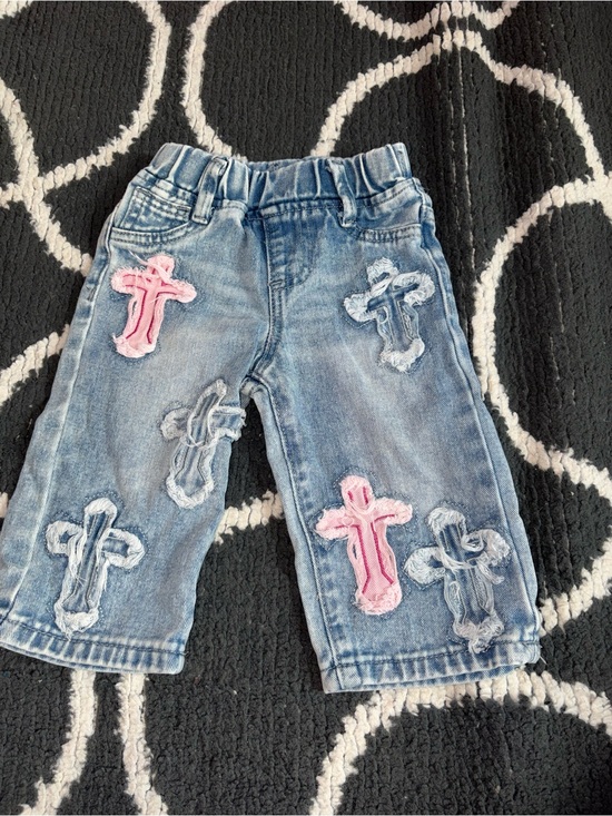 Other - Girls' Light Blue Denim Cross Patch Jeans with Pink Accents
